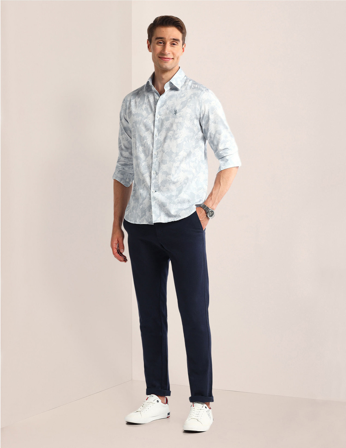 Image of U.S. POLO ASSN. Men Printed Casual Blue Shirt
