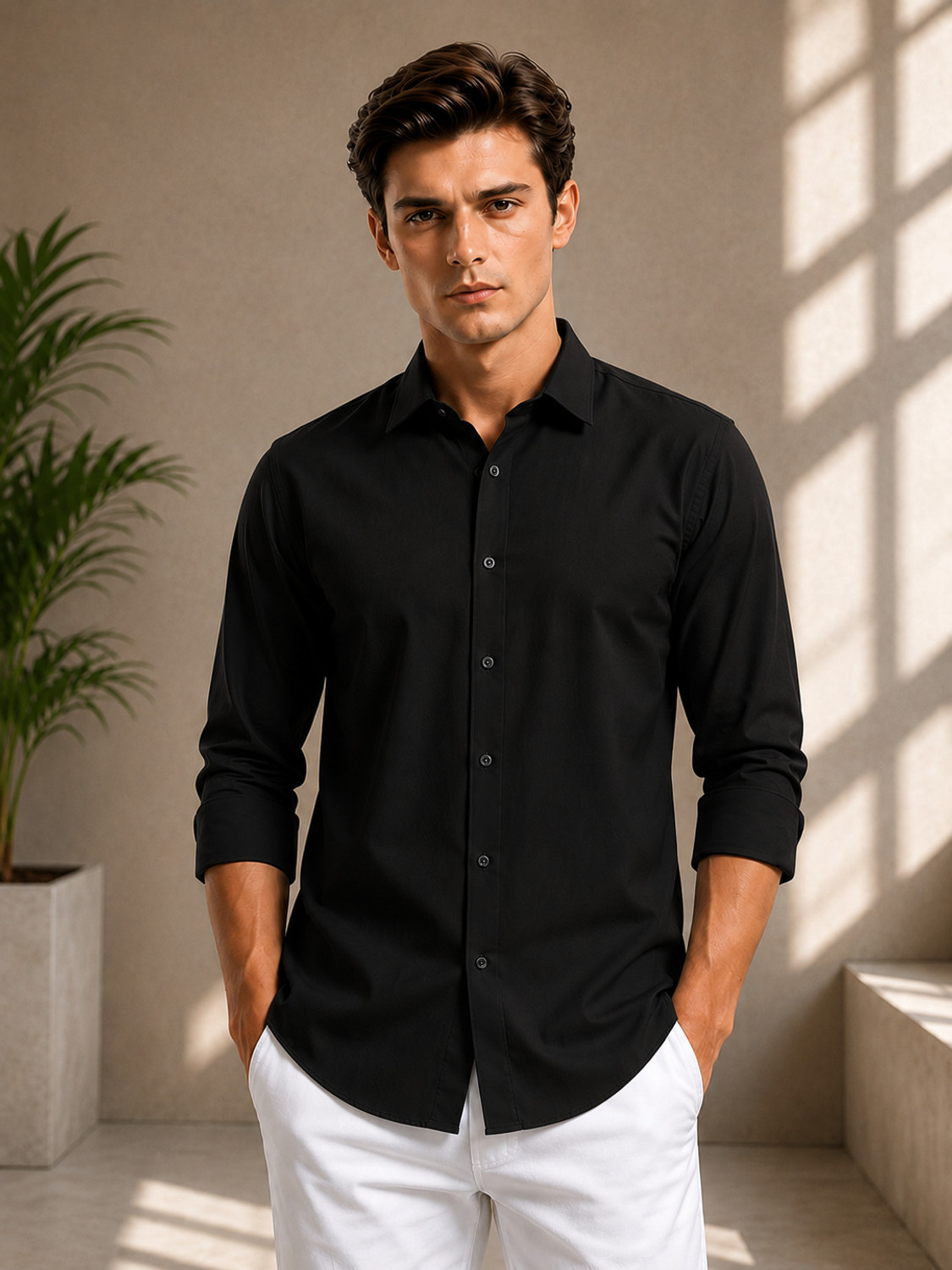 Image of METRONAUT Men Solid Formal Black Shirt