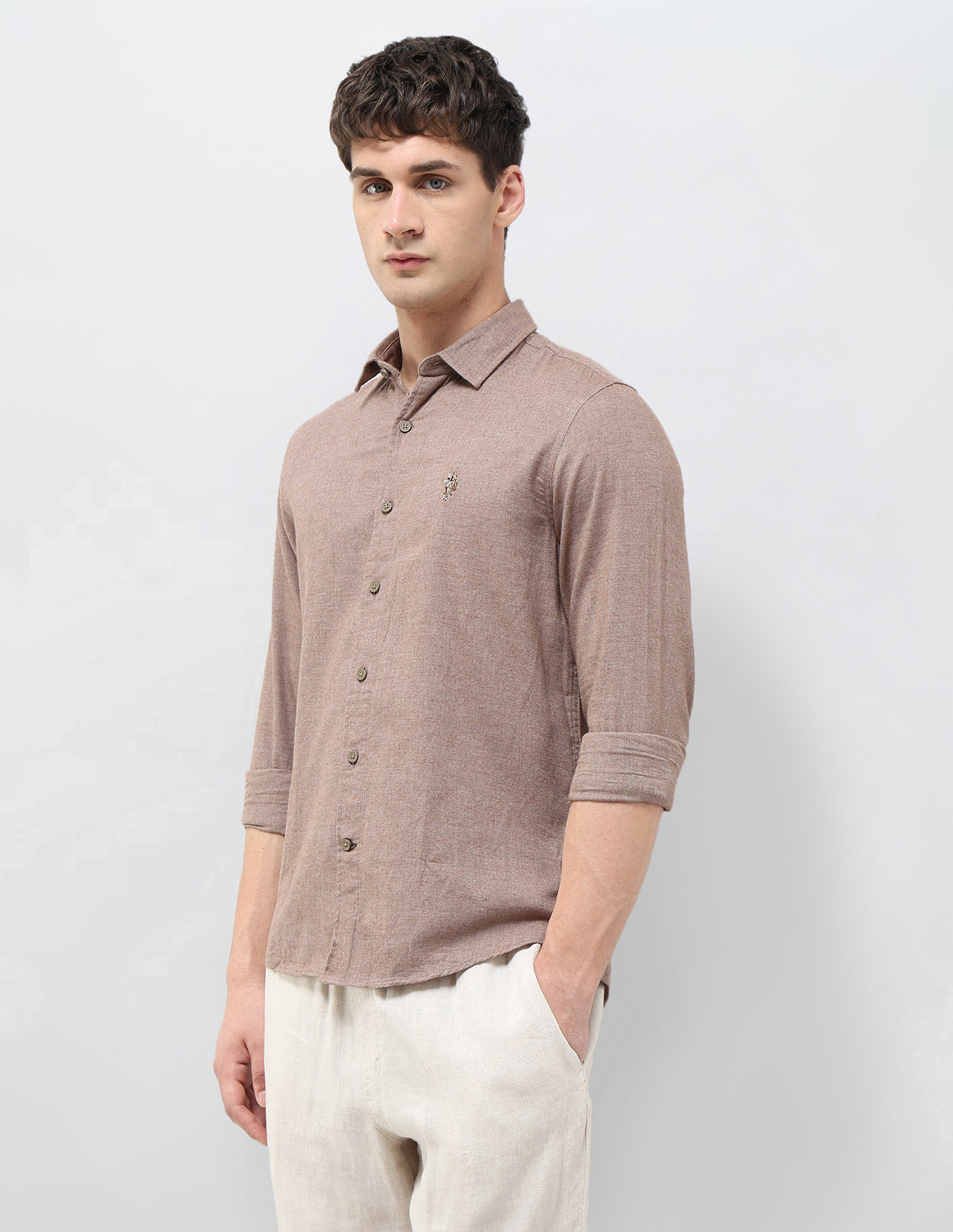 Image of U.S. Polo Assn. Denim Co. Men Solid Casual Brown Shirt