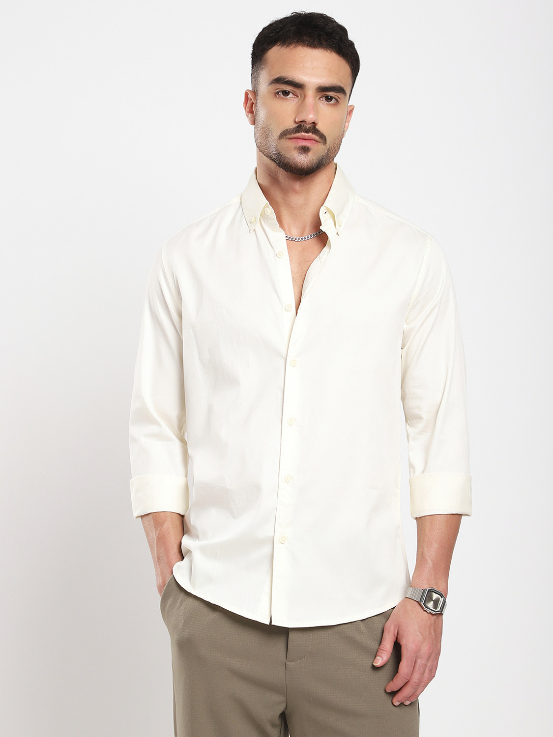 Image of VASTRADO Men Solid Casual Cream Shirt