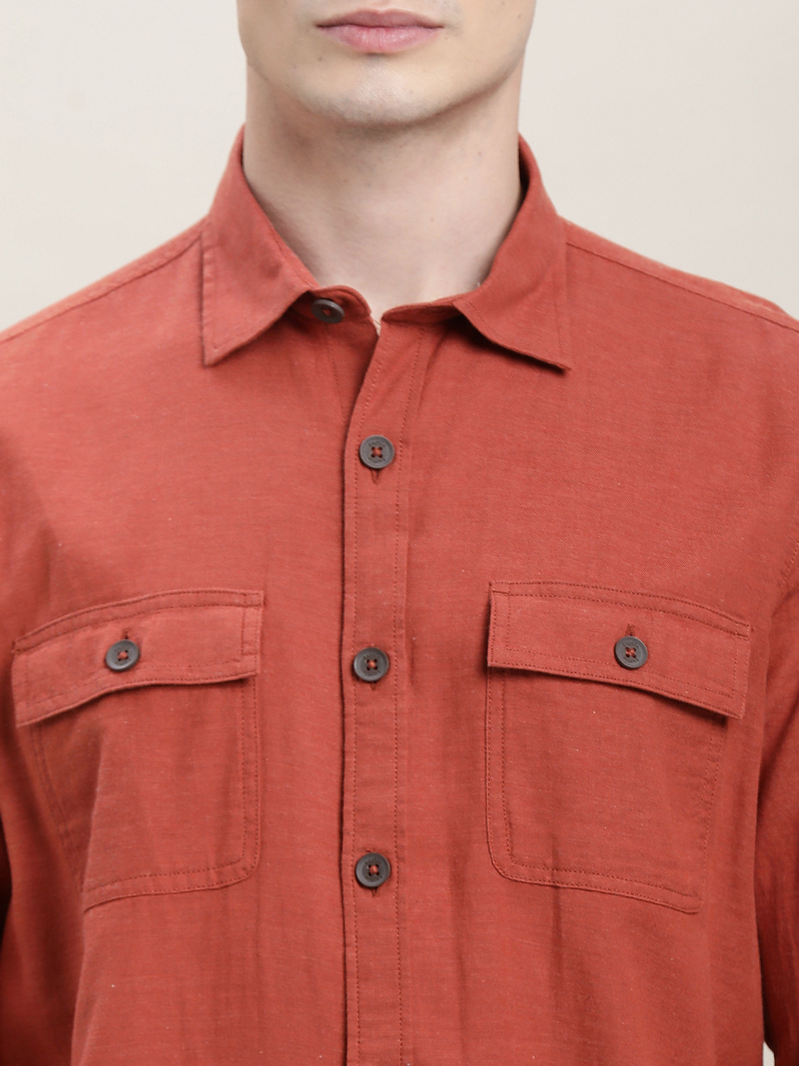 Image of TURTLE Men Solid Casual Orange Shirt