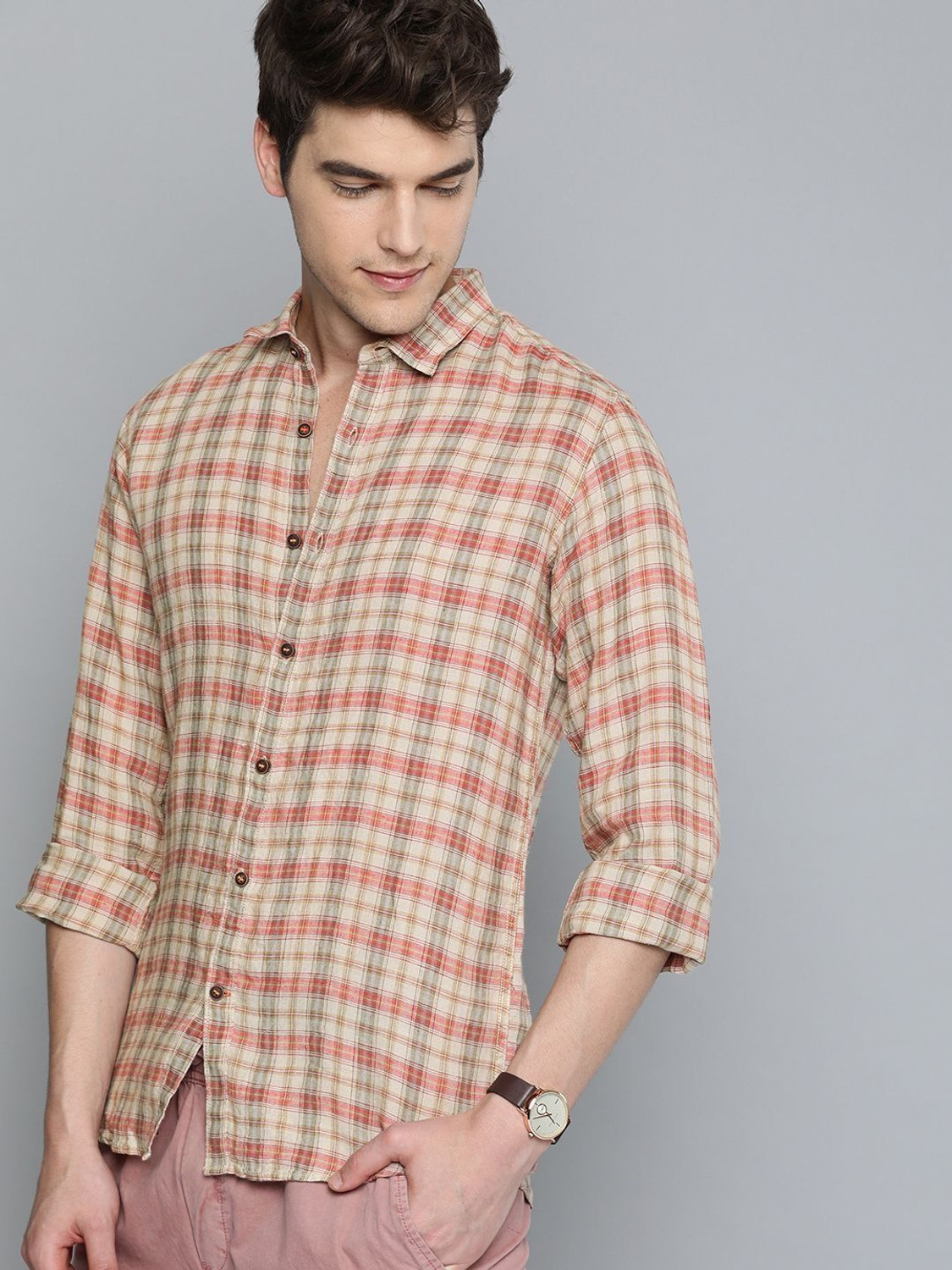 Image of Mast & Harbour Men Checkered Casual Beige Shirt