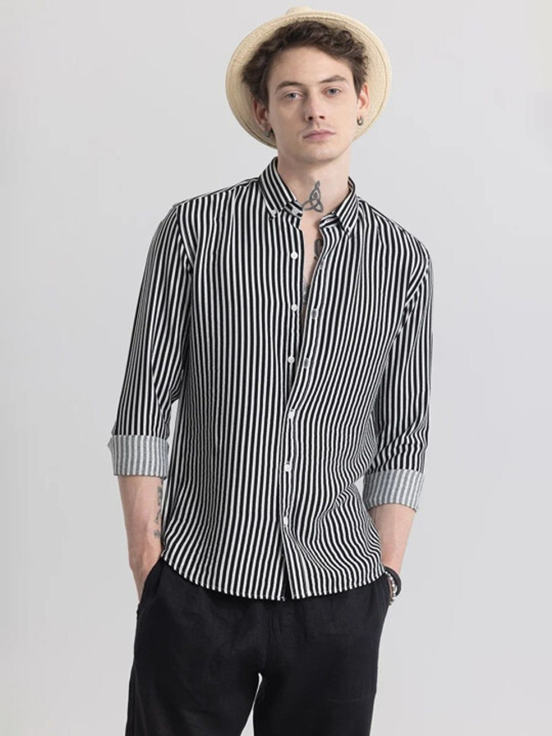 Image of rockstar z Men Striped Casual Black, White Shirt