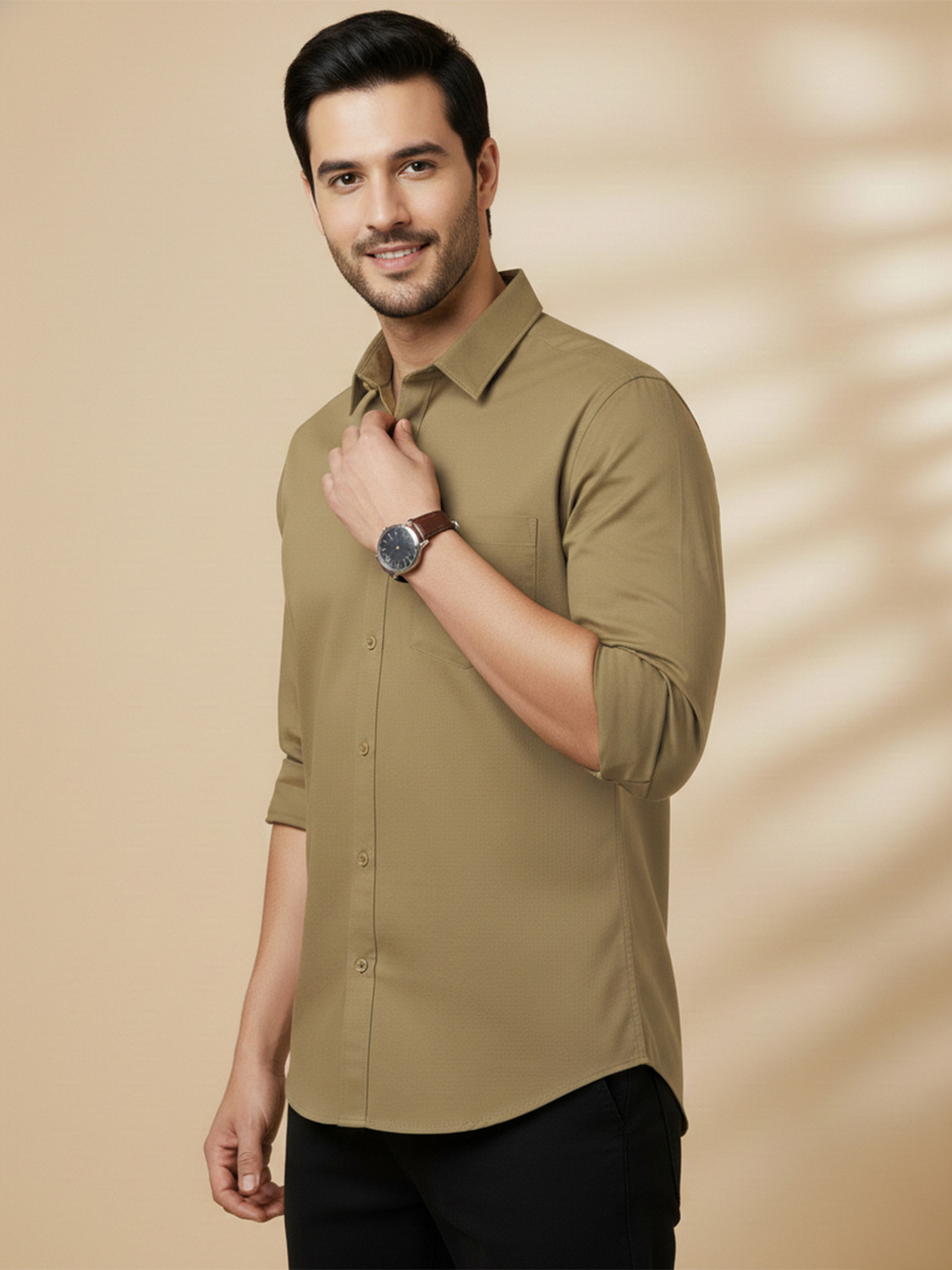 Image of METRONAUT Men Solid Casual Khaki Shirt