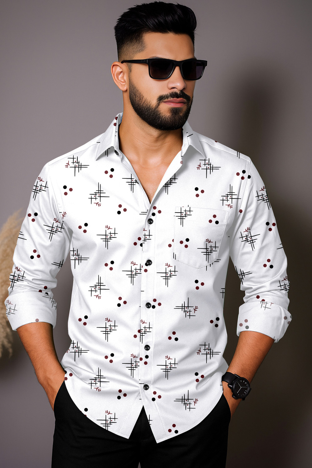 Image of RUHISHVA FASHION Men Printed Casual Brown, White Shirt
