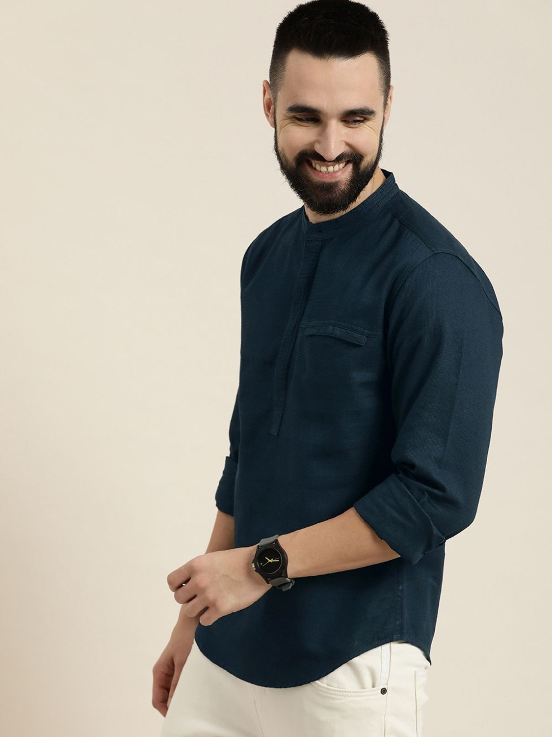 Image of HERE&NOW Men Solid Casual Blue Shirt