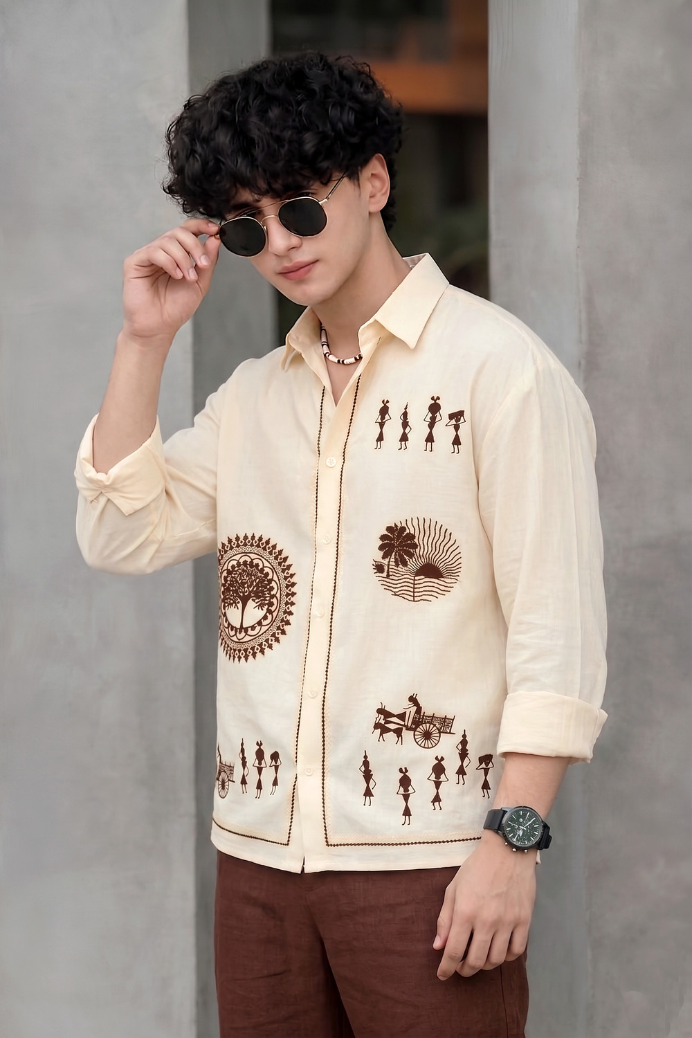 Image of Shree Sai Balaji Men Printed Casual Beige Shirt