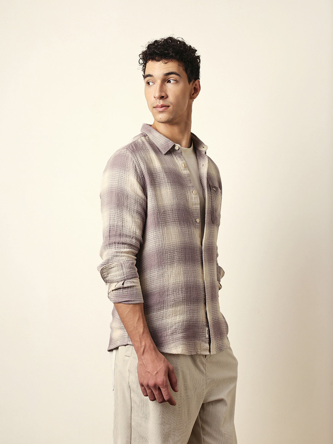 Image of THE BEAR HOUSE Men Checkered Casual Purple, White Shirt