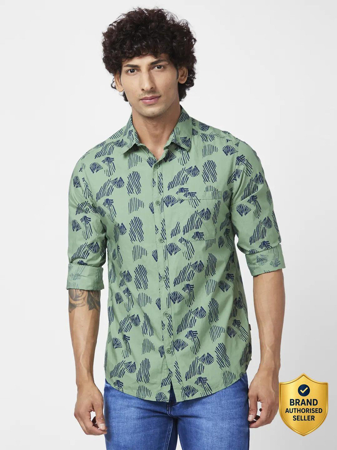 Image of Spykar Men Printed Casual Green Shirt