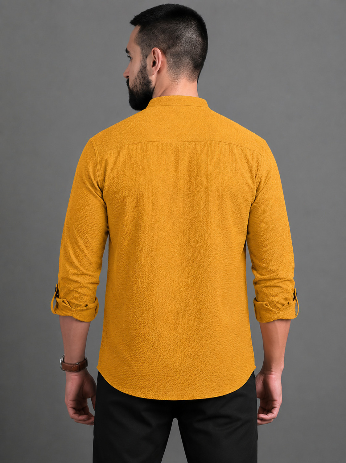 Image of COMBRAIDED Men Self Design Casual Yellow Shirt
