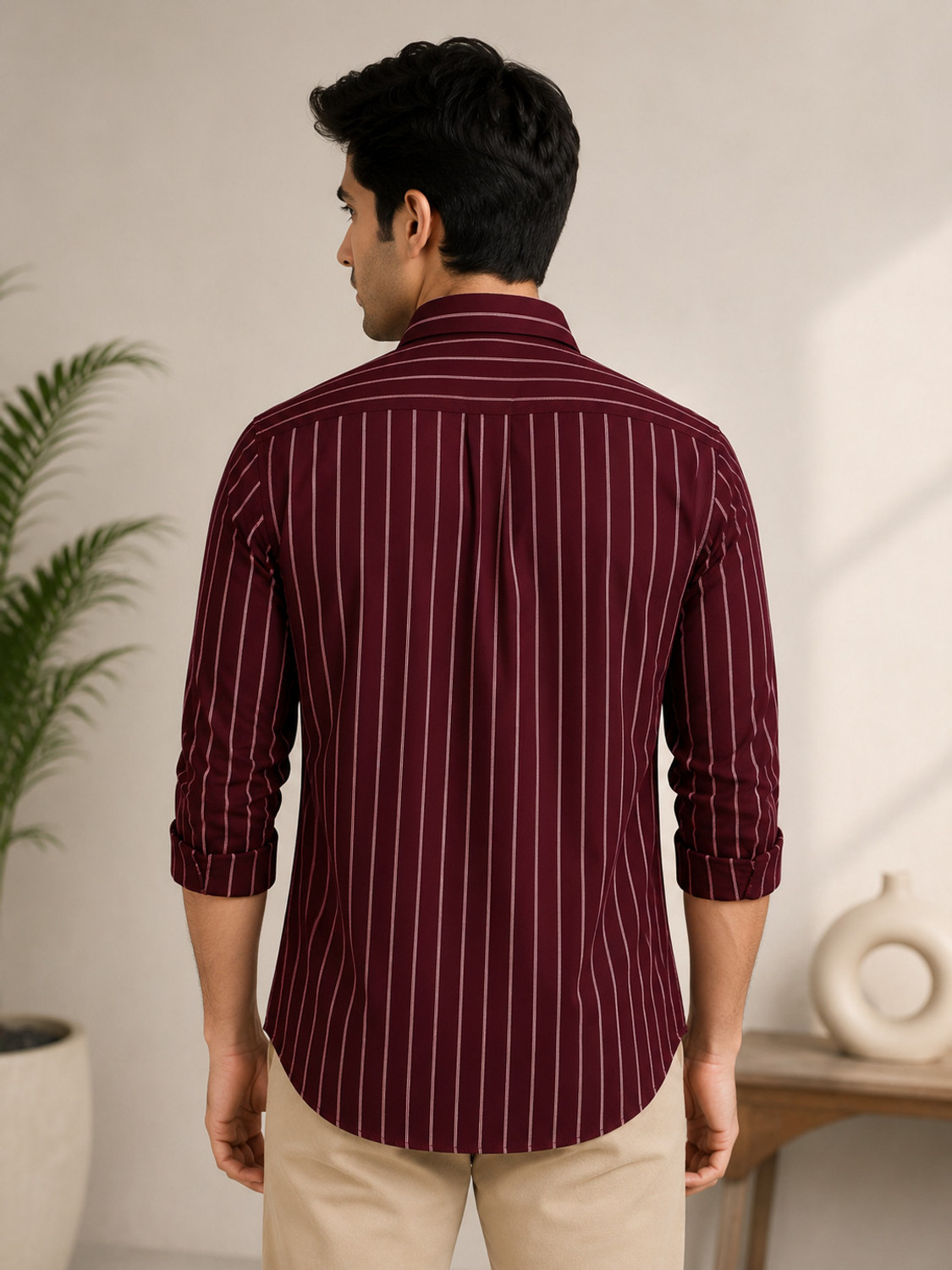 Image of FUBAR Men Striped Casual Maroon Shirt