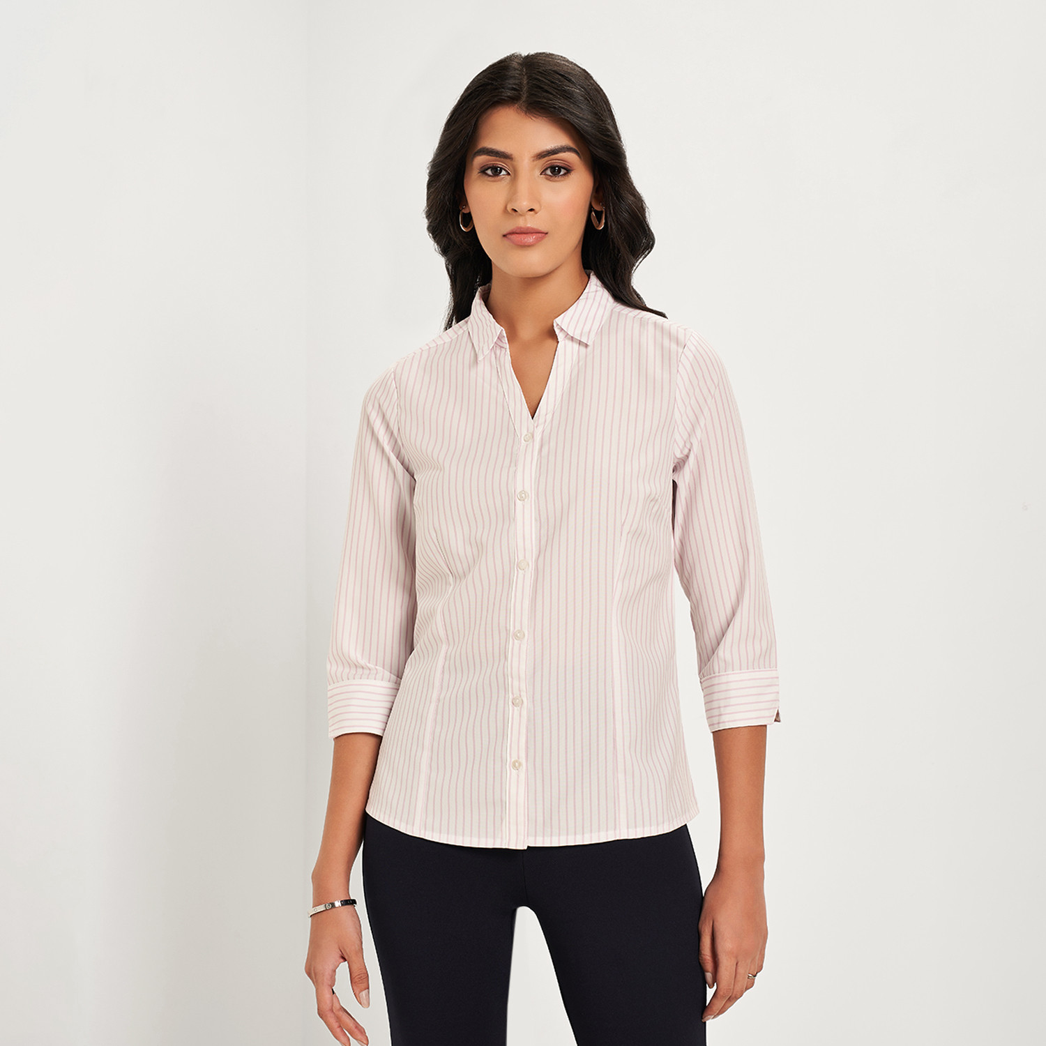 Image of Annabelle by Pantaloons Women Striped Casual Beige Shirt