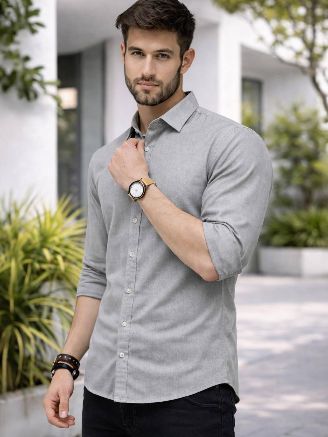 PRIVASTRAM Men Solid Casual Grey Shirt