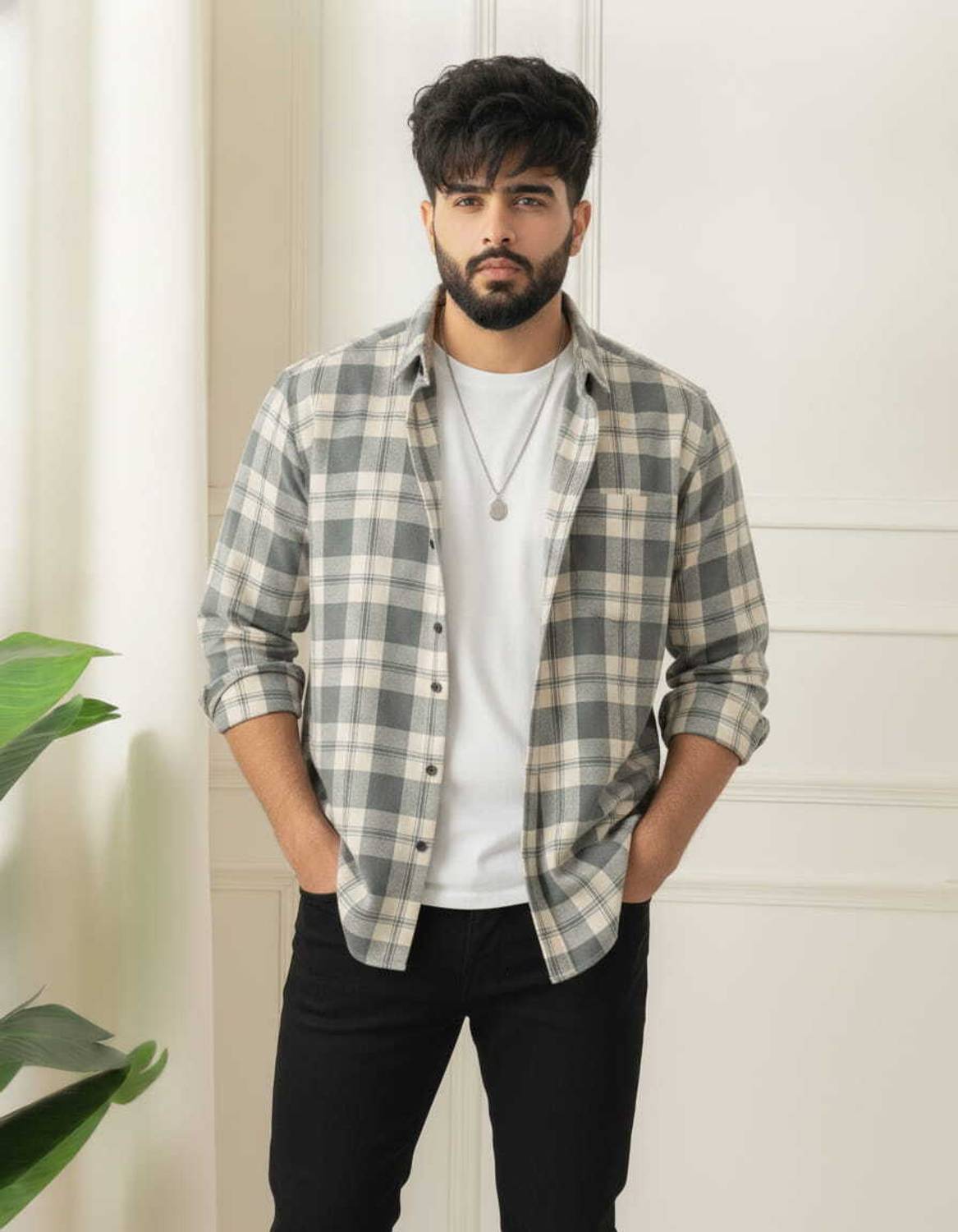 ZONANZA Men Checkered Casual Grey, Cream Shirt - Image 4