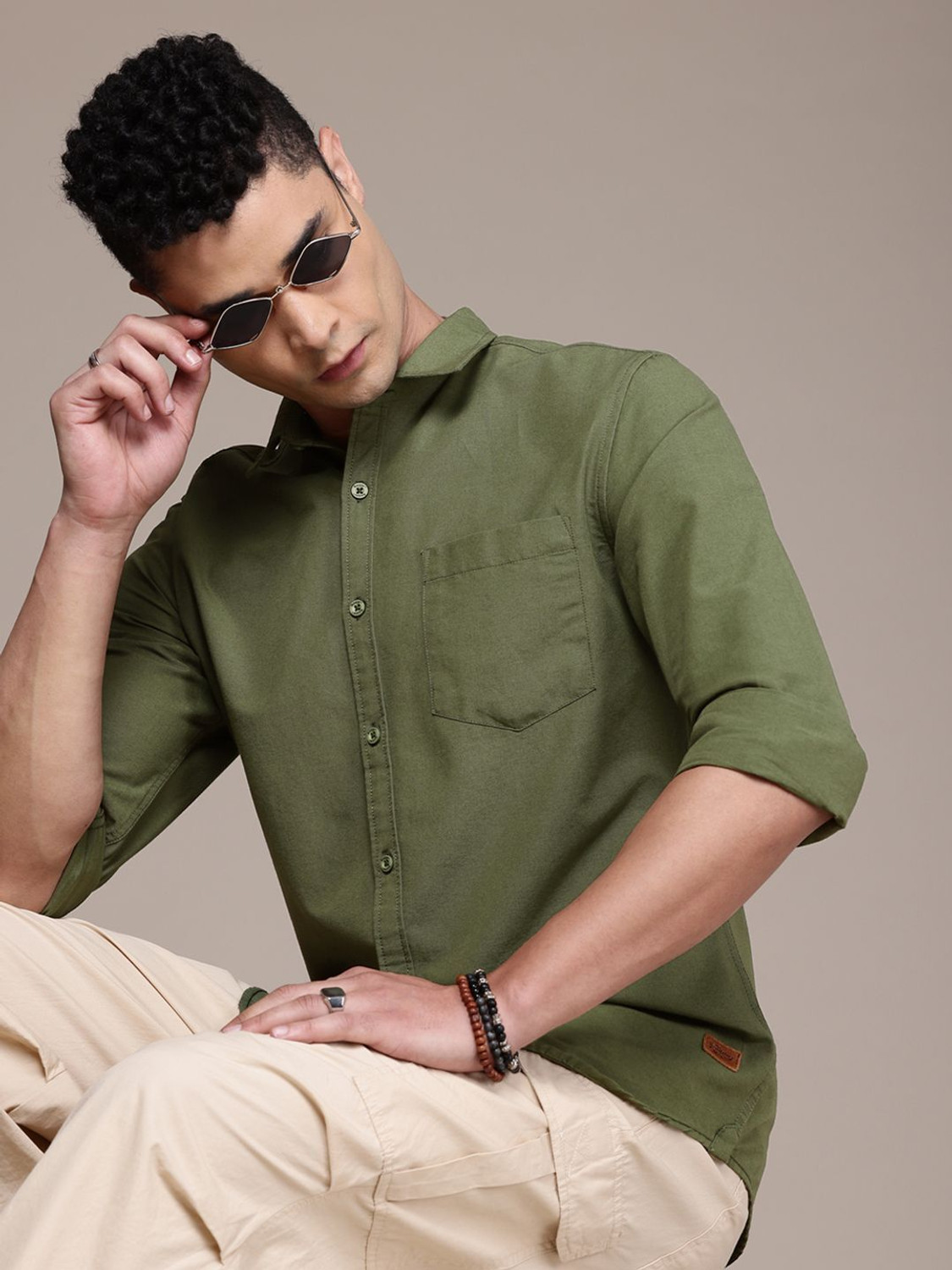 Image of Roadster Men Solid Casual Green Shirt