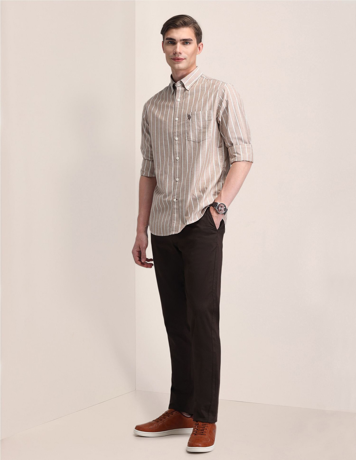 Image of U.S. POLO ASSN. Men Striped Formal Brown Shirt