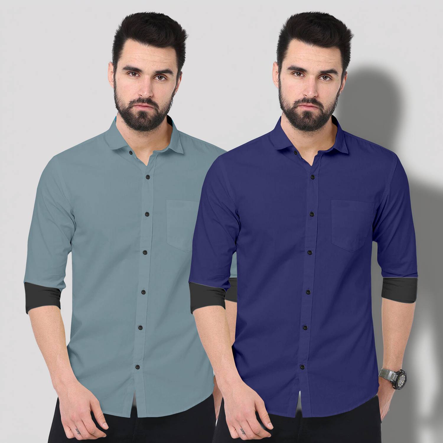ALAIN CHIC Men Solid Casual Grey, Blue Shirt