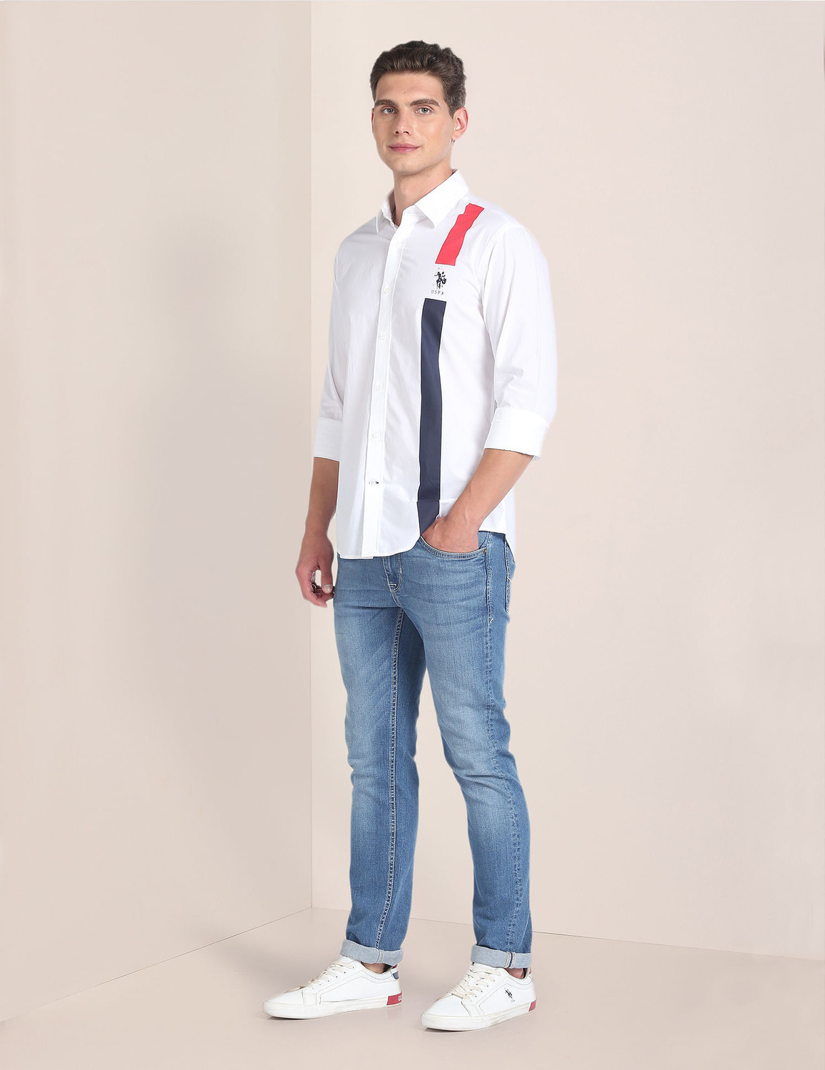 Image of U.S. POLO ASSN. Men Striped Casual White Shirt