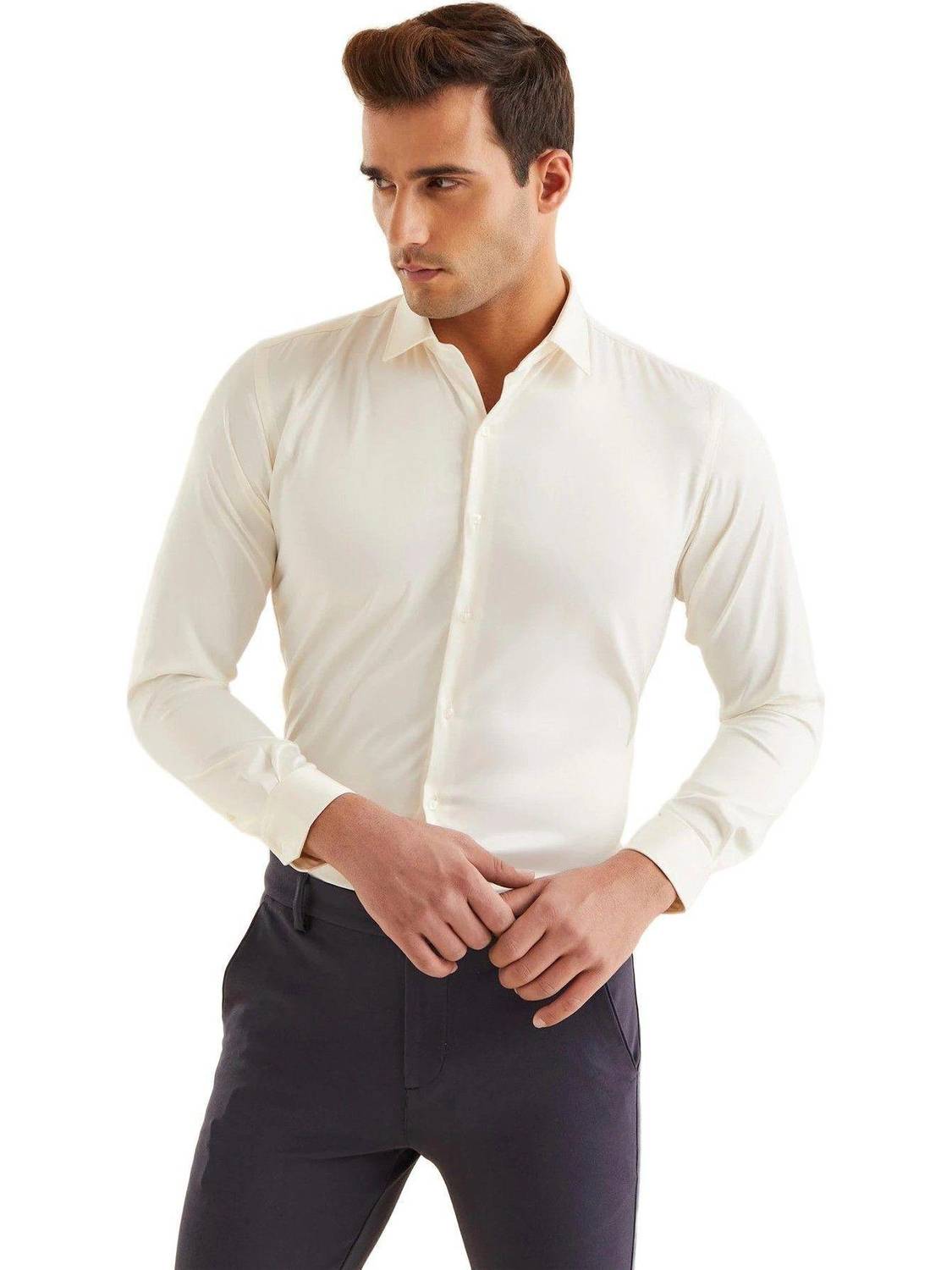 BOWRAIN Men Solid Formal Cream Shirt