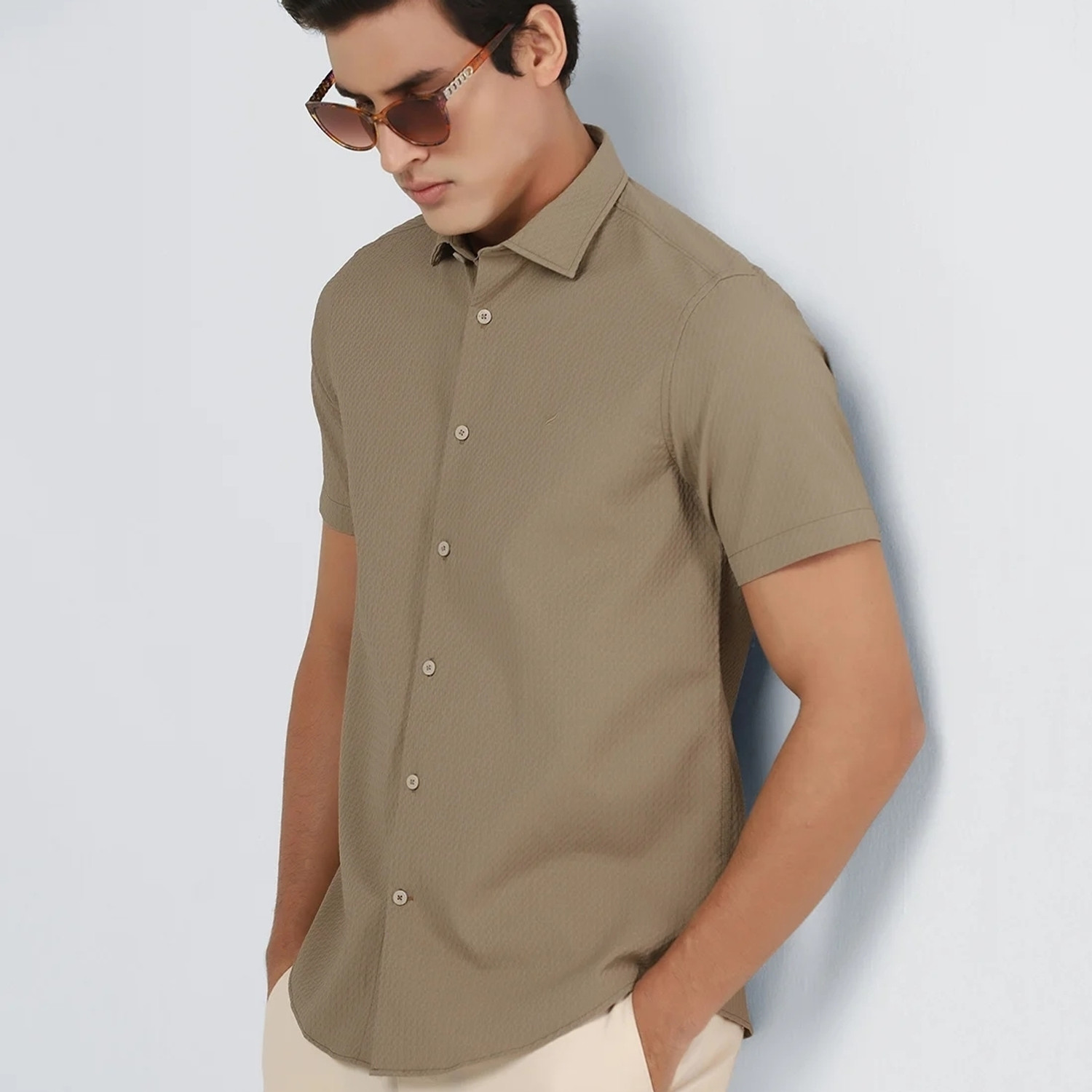 Image of Blackberrys Men Self Design Casual Khaki Shirt