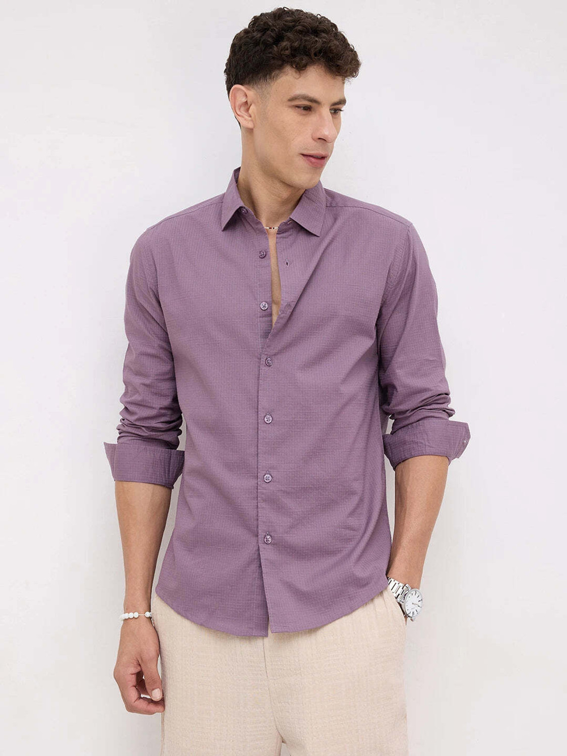 Image of VASTRADO Men Regular Fit Self Design Cut Away Collar Casual Shirt