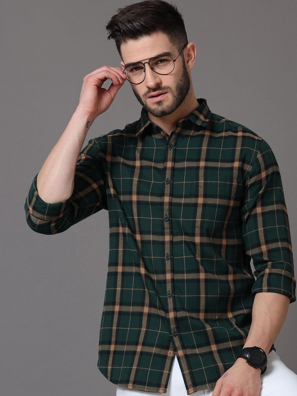 Image of HERE&NOW Men Checkered Casual Green Shirt