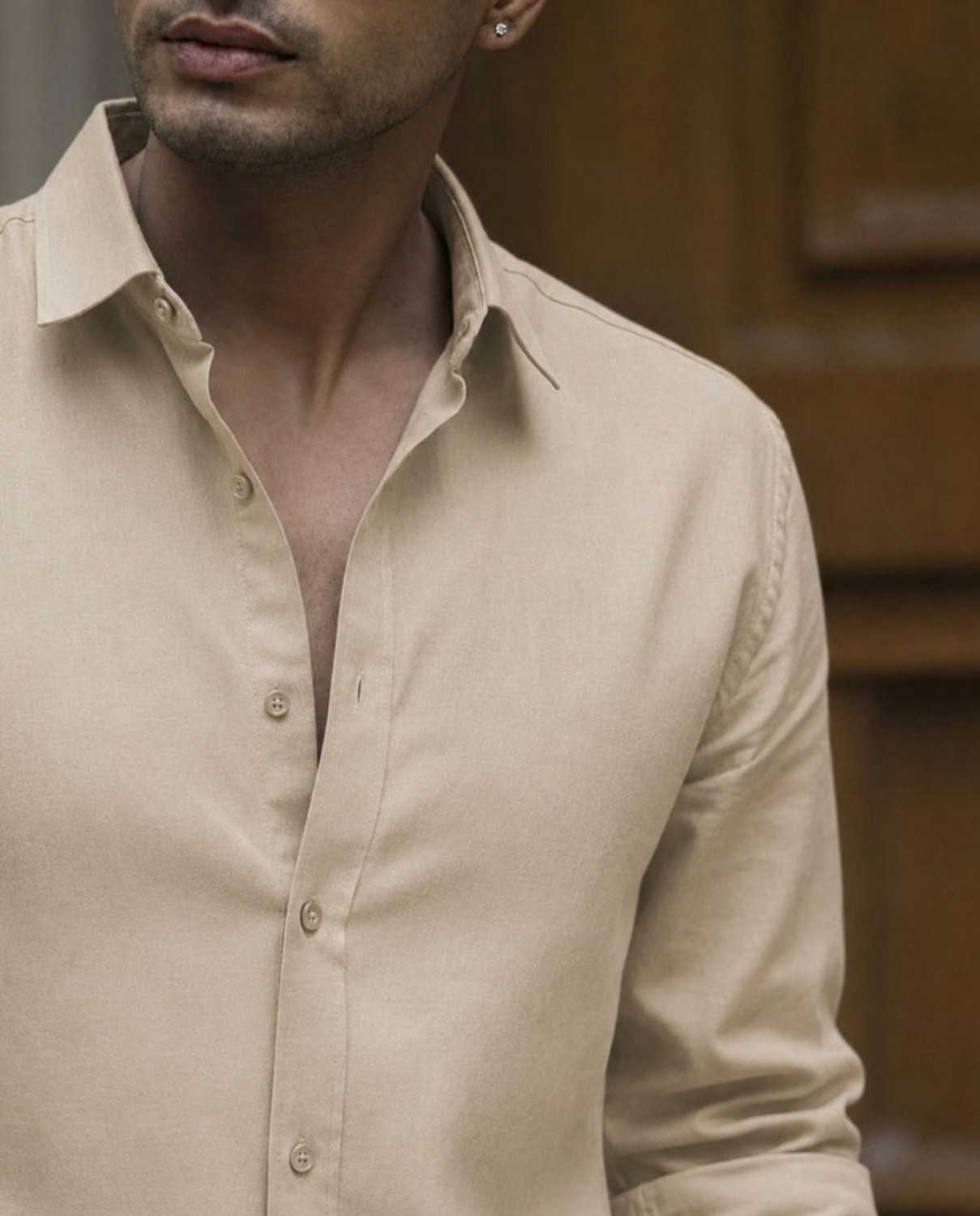Image of JACKBELLA Men Solid Casual Beige Shirt
