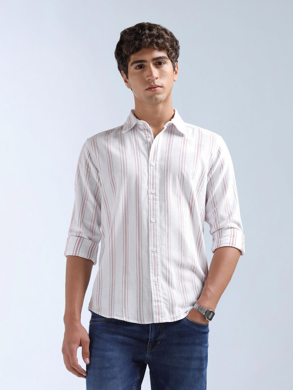 Image of FLYING MACHINE Men Striped Casual White Shirt