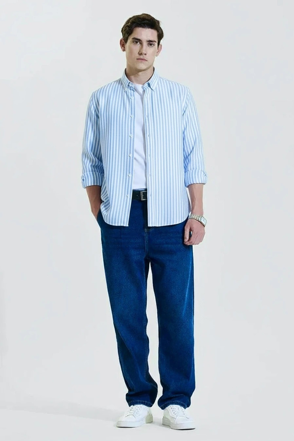 Image of SEIGE Men Striped Casual Light Blue, White Shirt