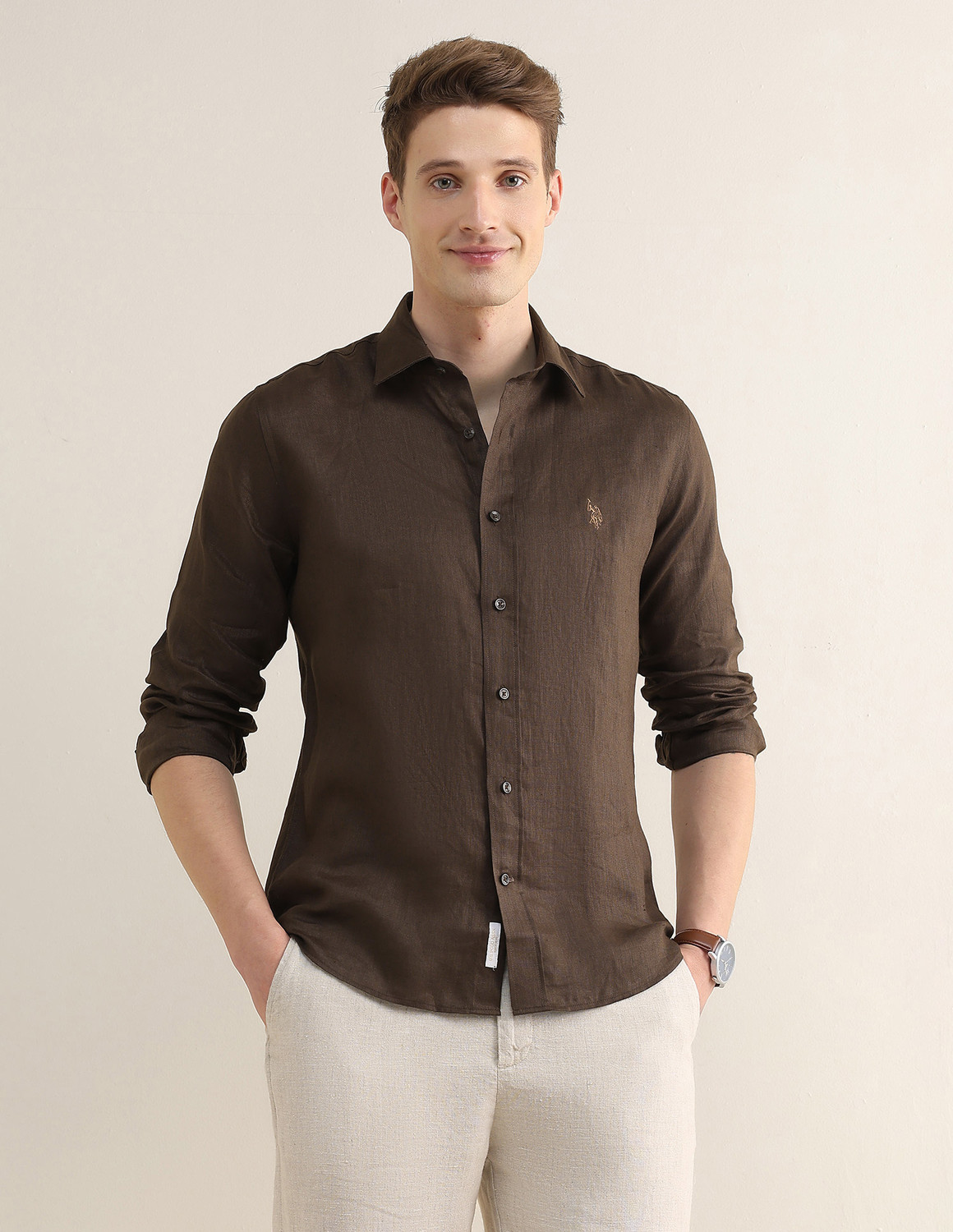 Image of U.S. POLO ASSN. Men Solid Casual Brown Shirt