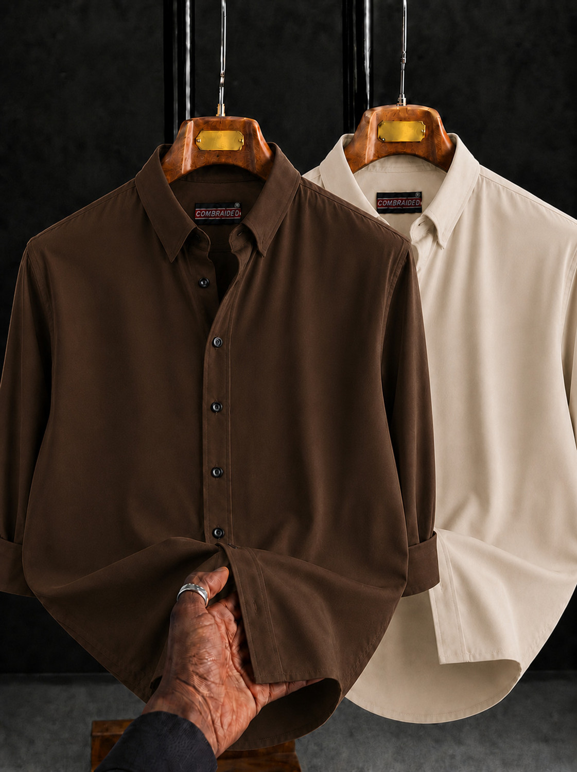 Image of JACKBELLA Men Solid Casual Brown, Beige Shirt