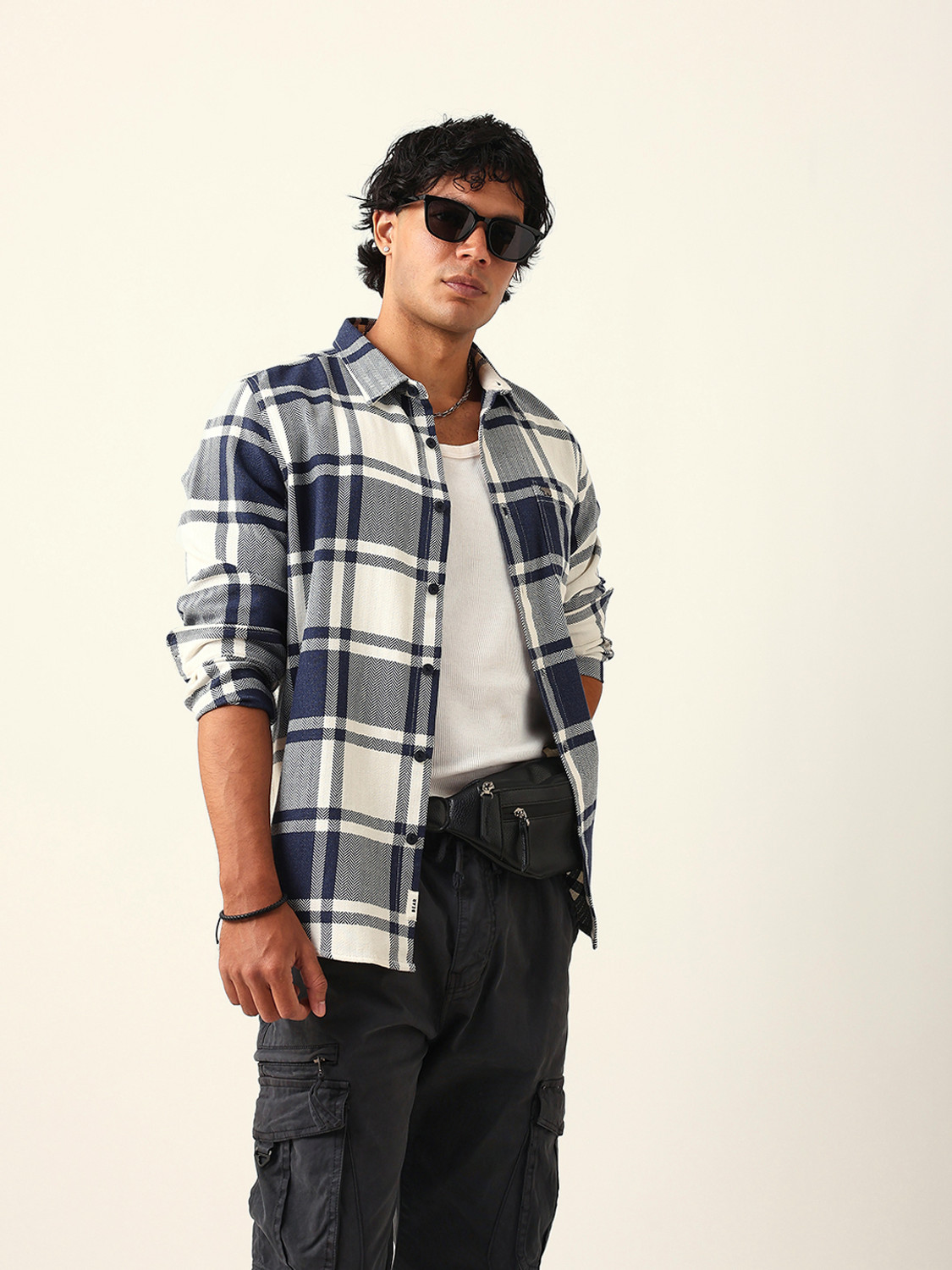 Image of THE BEAR HOUSE Men Checkered Casual Blue Shirt