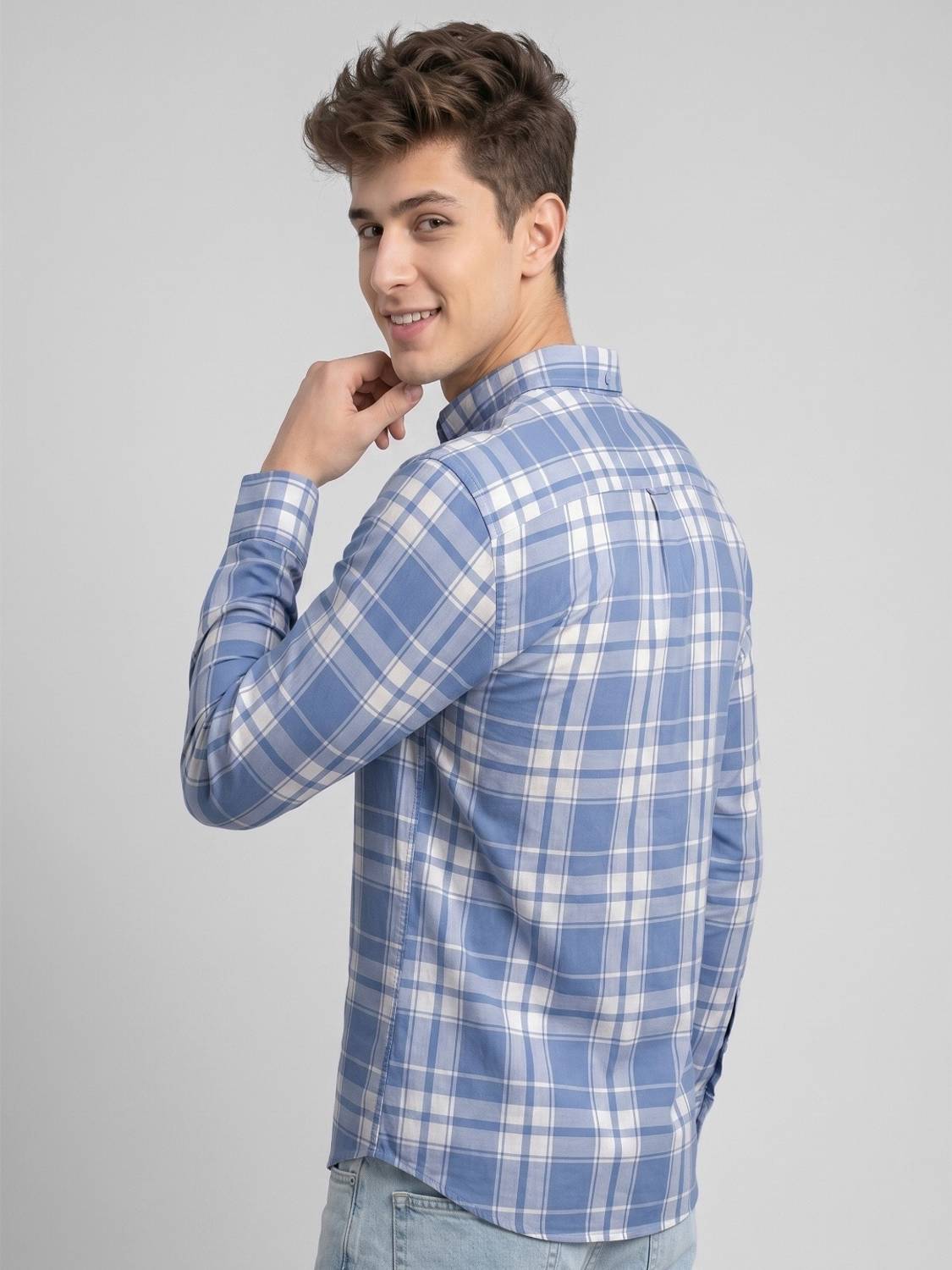 Shimak Men Checkered Casual Blue, Grey Shirt - Image 2