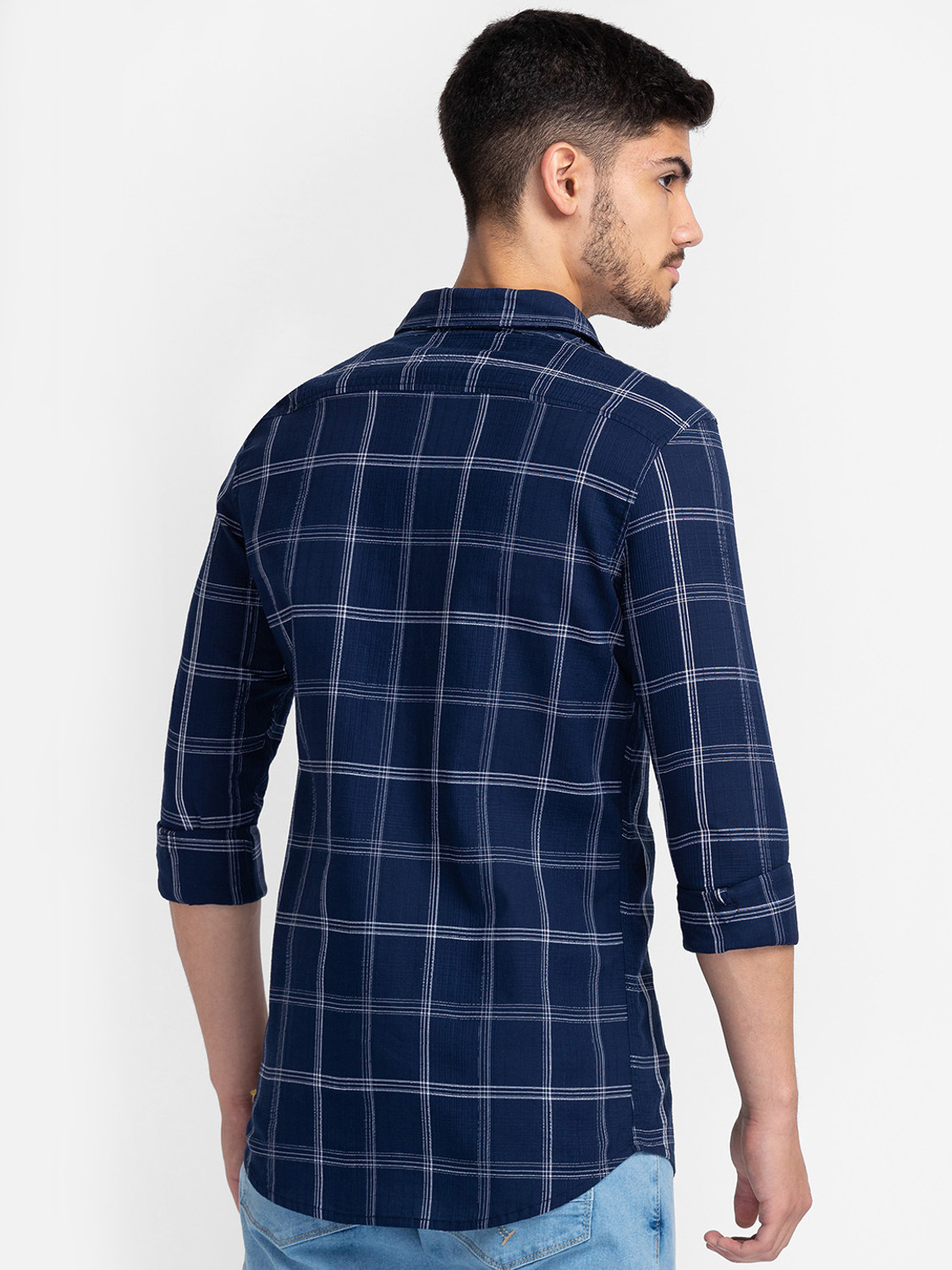 Image of BEING HUMAN Men Checkered Casual Dark Blue Shirt