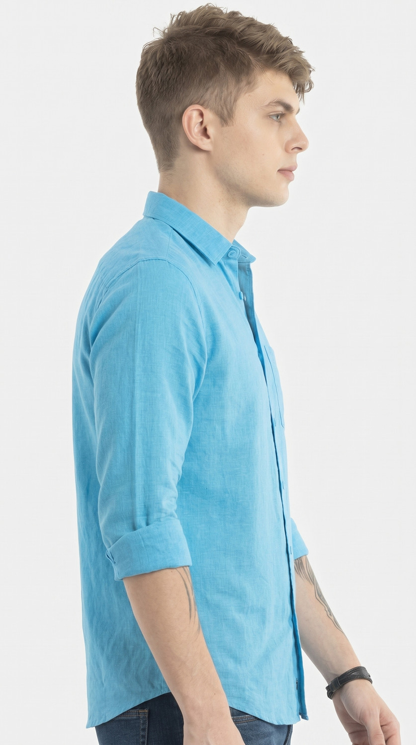 Image of MOONXS Men Solid Casual Blue Shirt