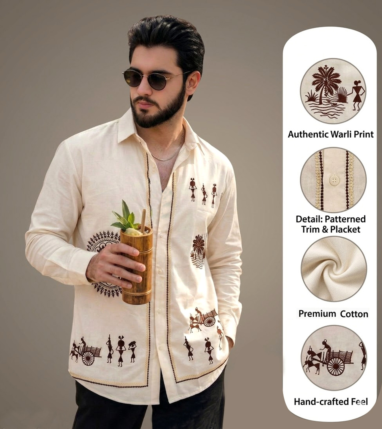 Image of Shree Sai Balaji Men Printed, Ethnic Motifs Casual Cream Shirt