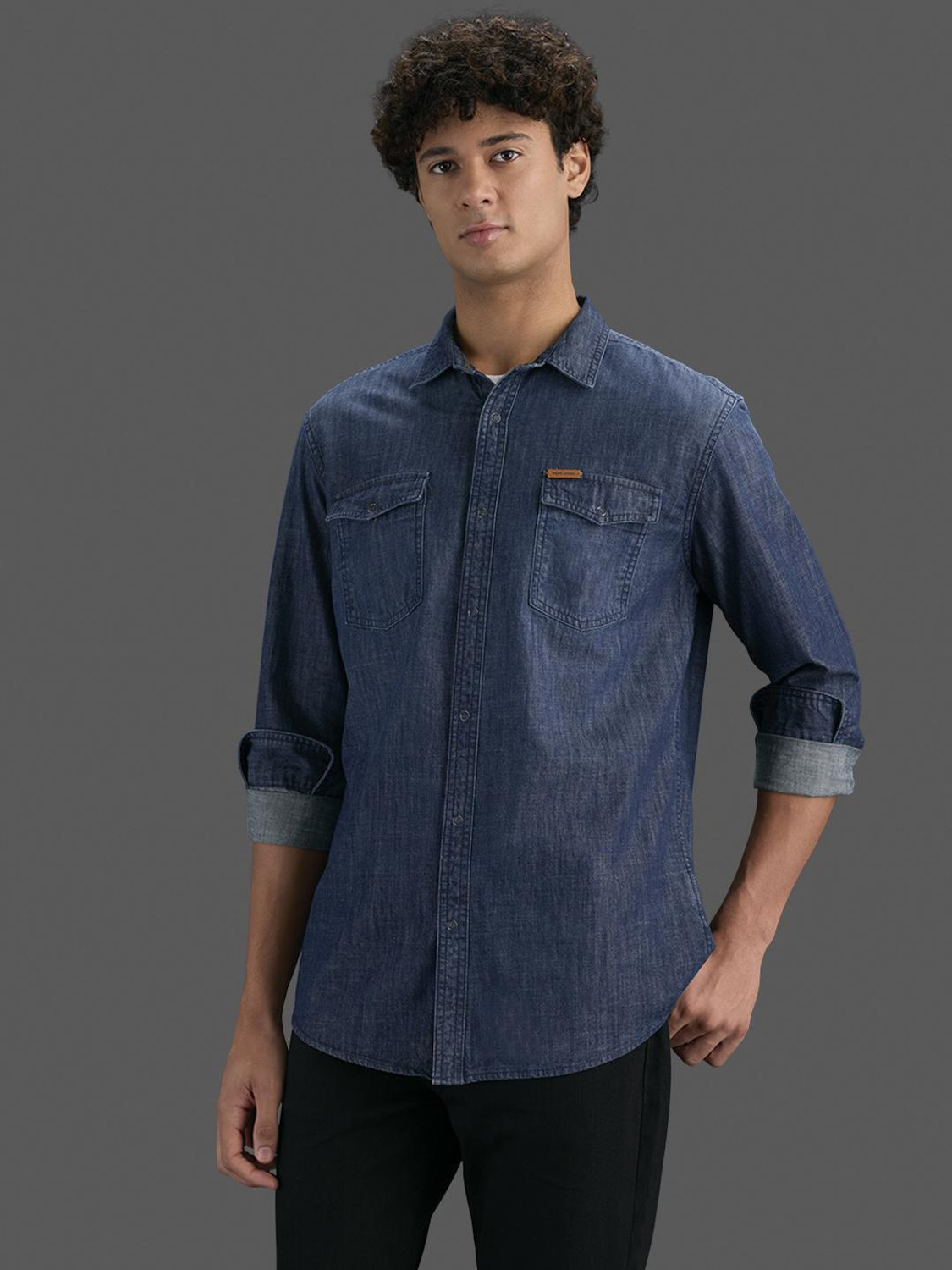 Image of Pepe Jeans Men Washed Casual Blue Shirt