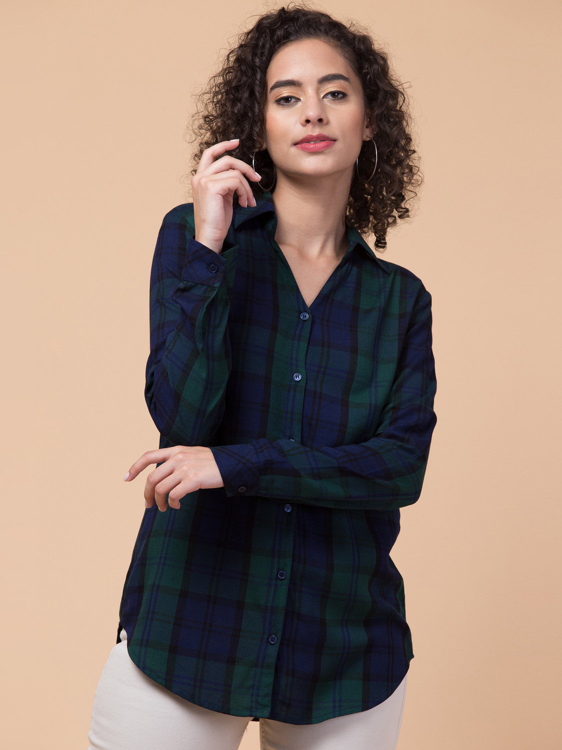 Image of Hive91 Women Checkered Casual Black, Dark Blue, Green Shirt