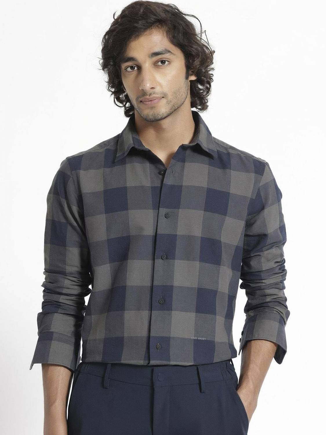 RARE RABBIT Men Dark Blue, Grey Checkered Shirt - Image 1