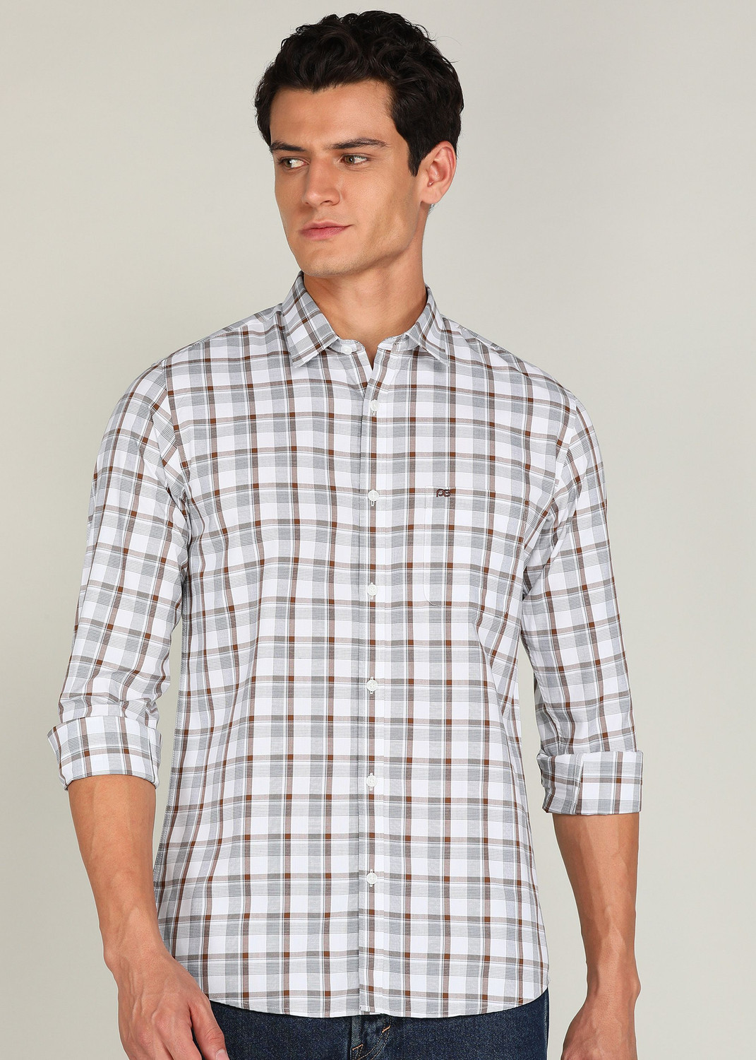Image of PETER ENGLAND Men Checkered Formal Grey Shirt
