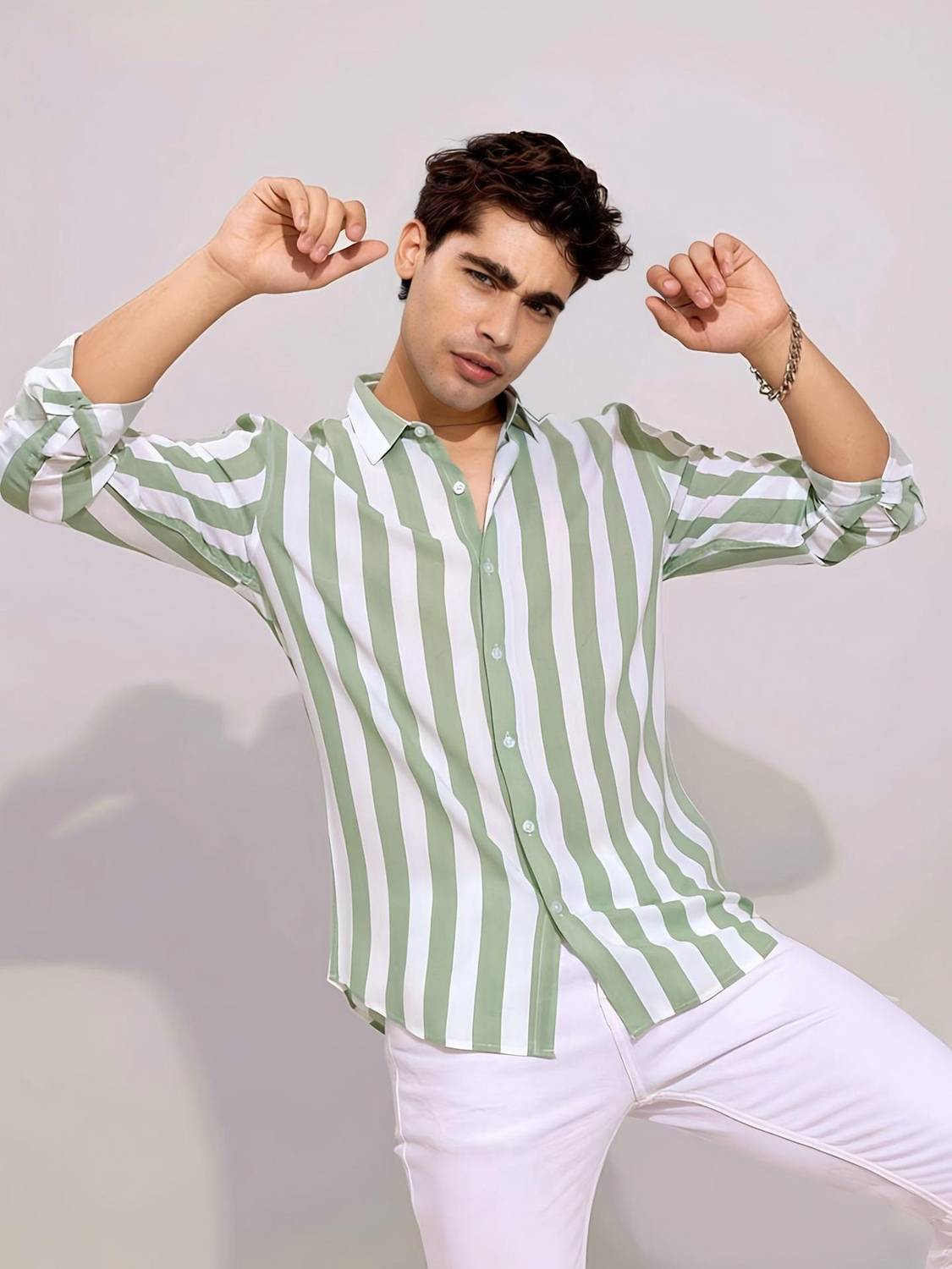 HKV FASHION Men Striped Casual Green Shirt