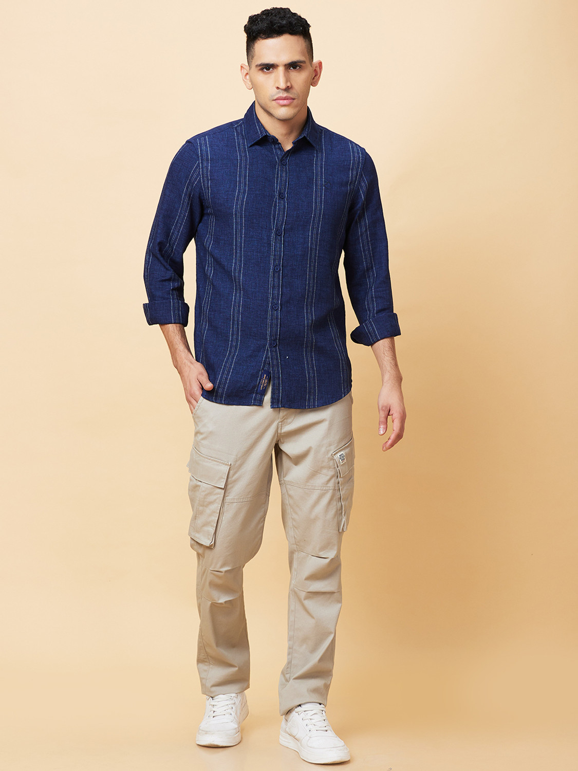 Image of BEING HUMAN Men Striped Casual Dark Blue Shirt