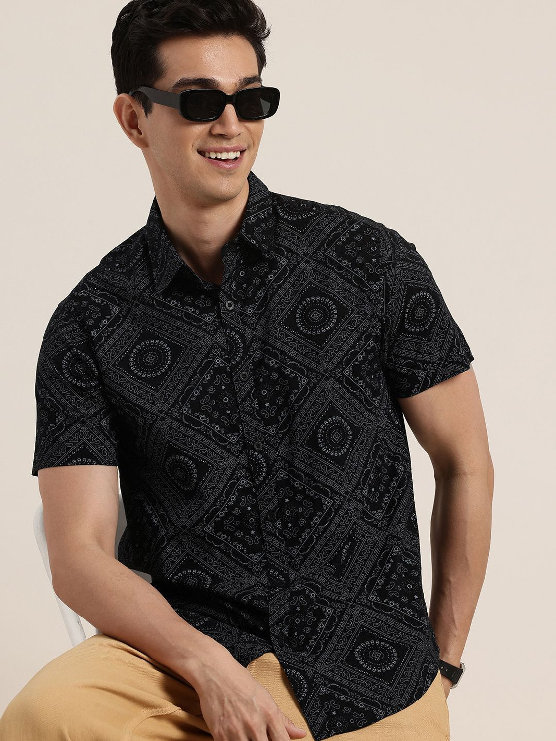 Image of HERE&NOW Men Printed Casual Black Shirt