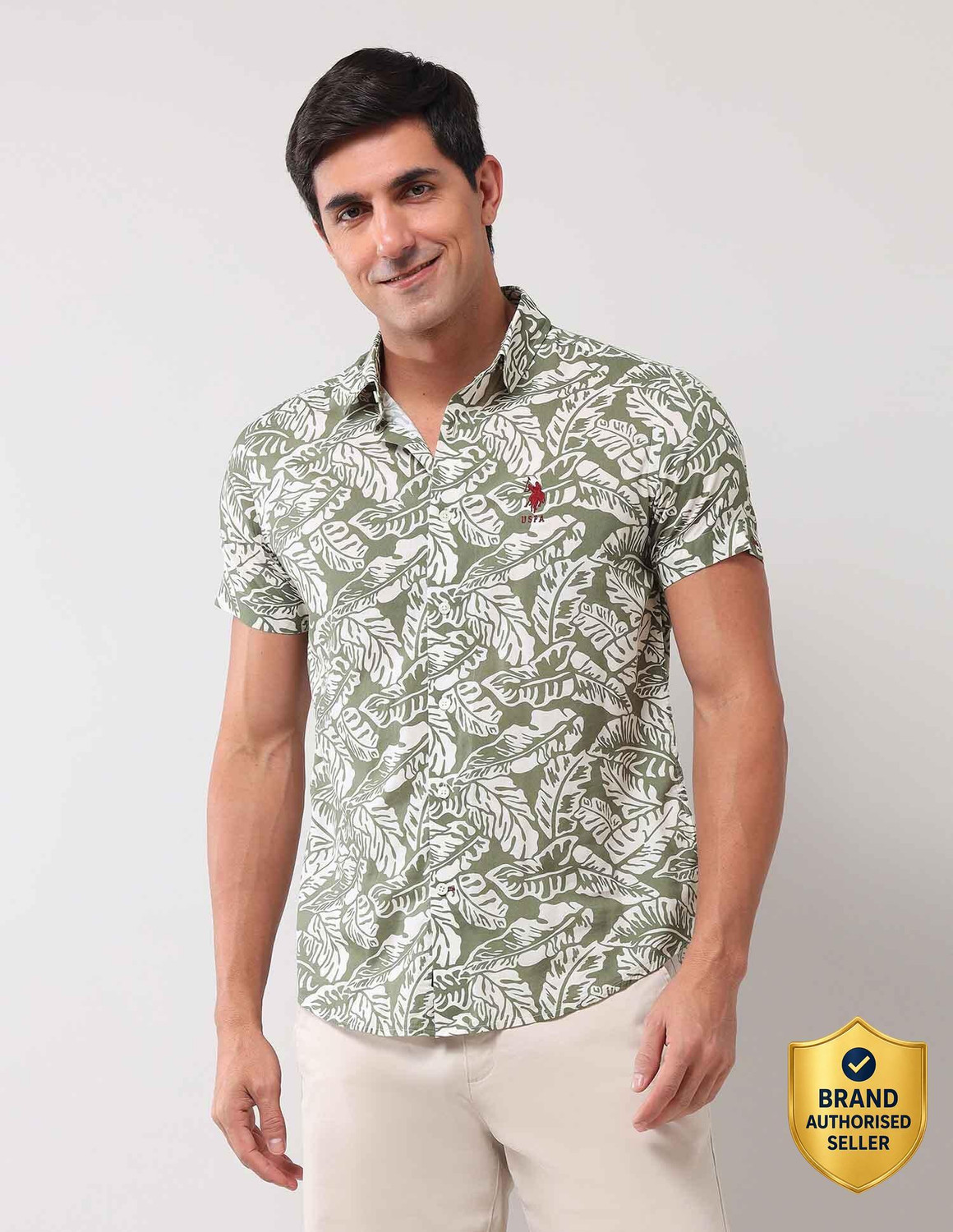 Image of U.S. POLO ASSN. Men Floral Print Casual Green Shirt