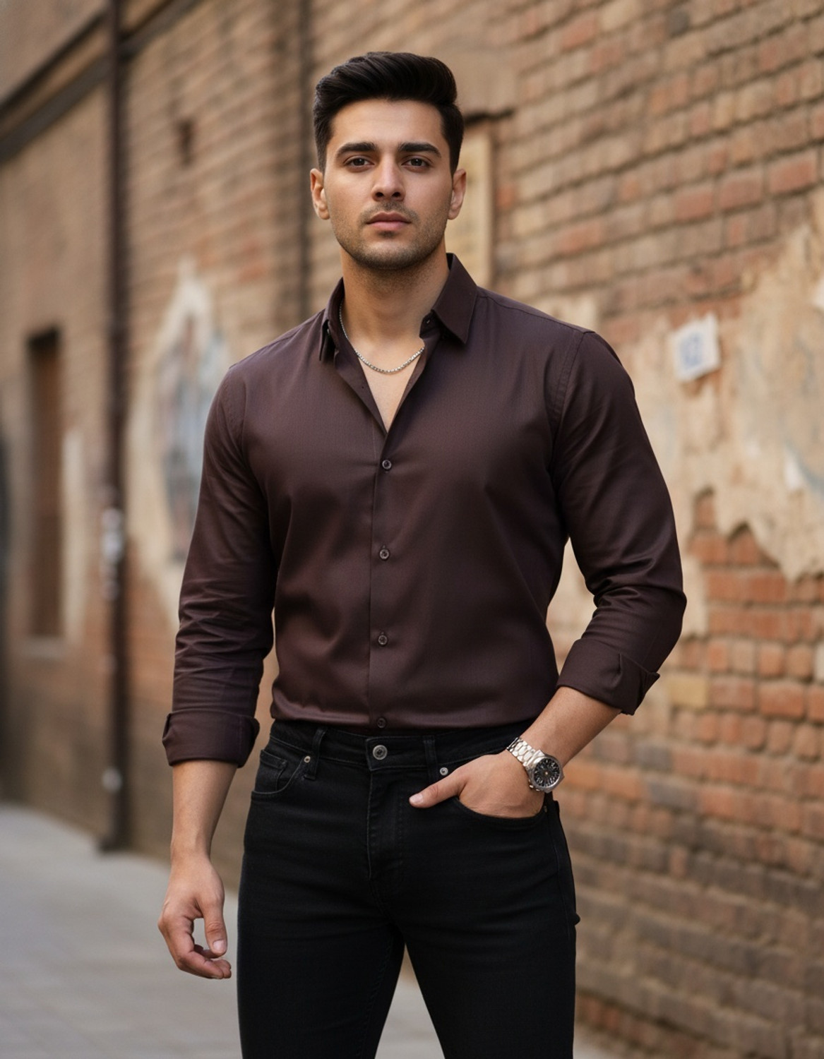 Image of RICH STAG Men Solid Casual Brown Shirt