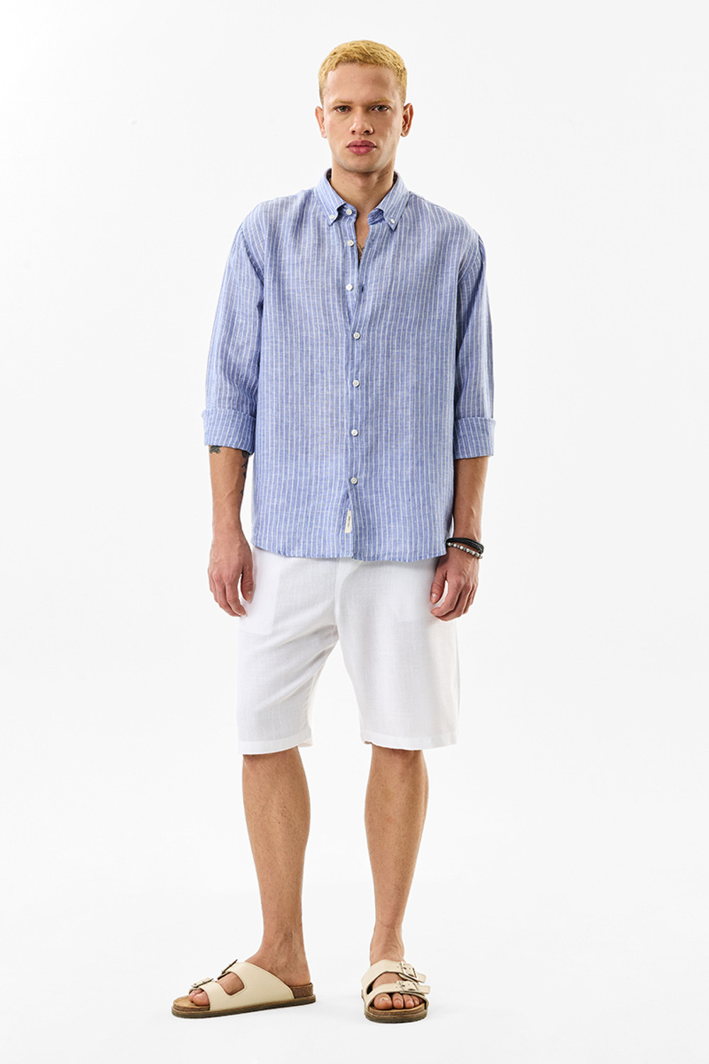 Image of Snitch Men Striped Casual Light Blue Shirt
