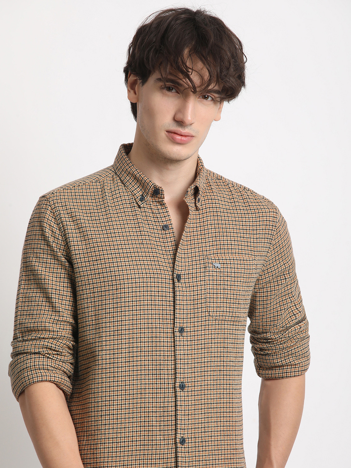 Image of THE BEAR HOUSE Men Checkered Casual Yellow Shirt