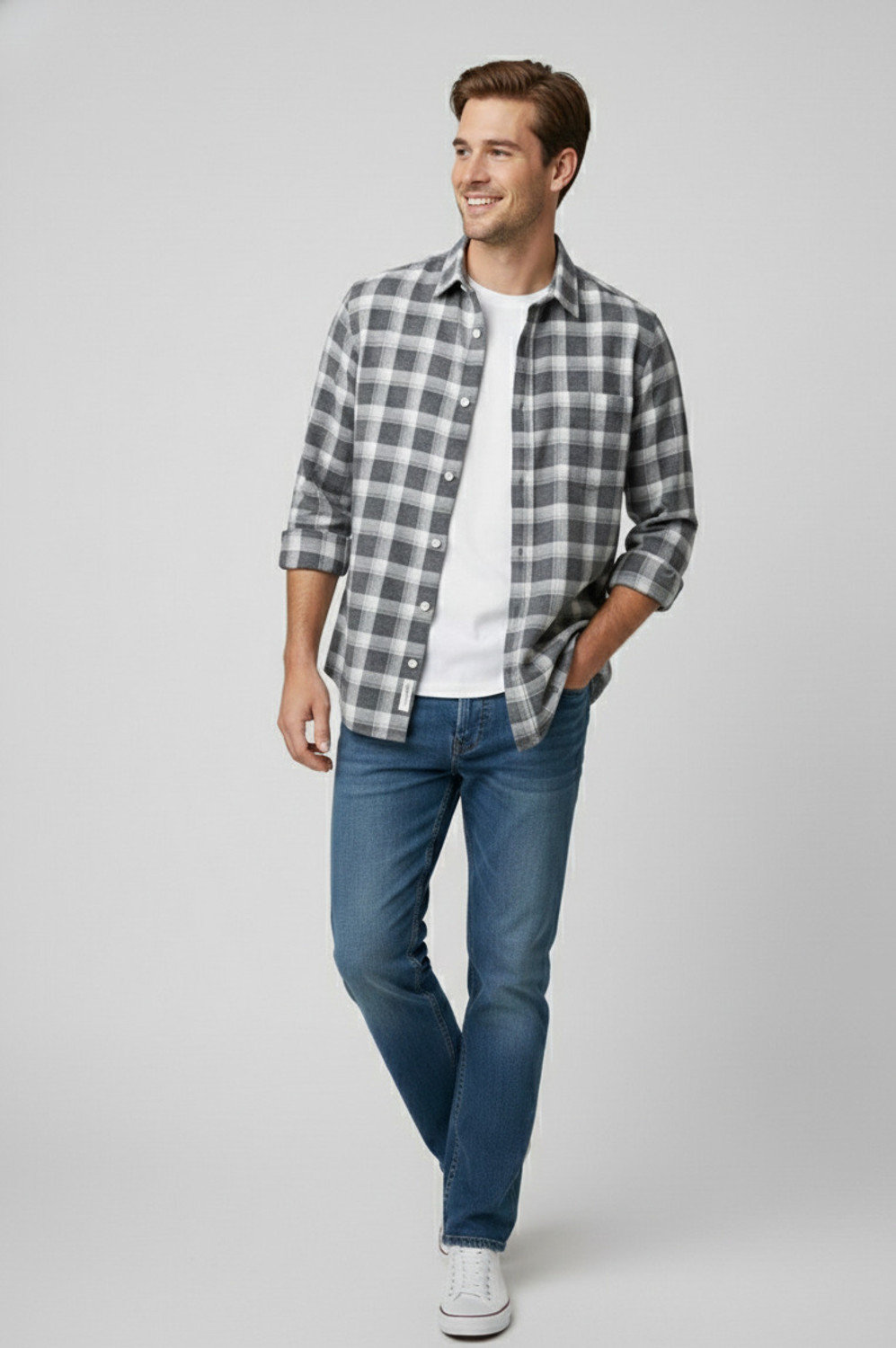 Image of Jai Textiles Men Checkered Casual Grey Shirt