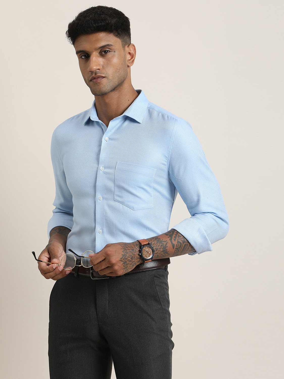 Image of TURTLE Men Solid Formal Light Blue Shirt