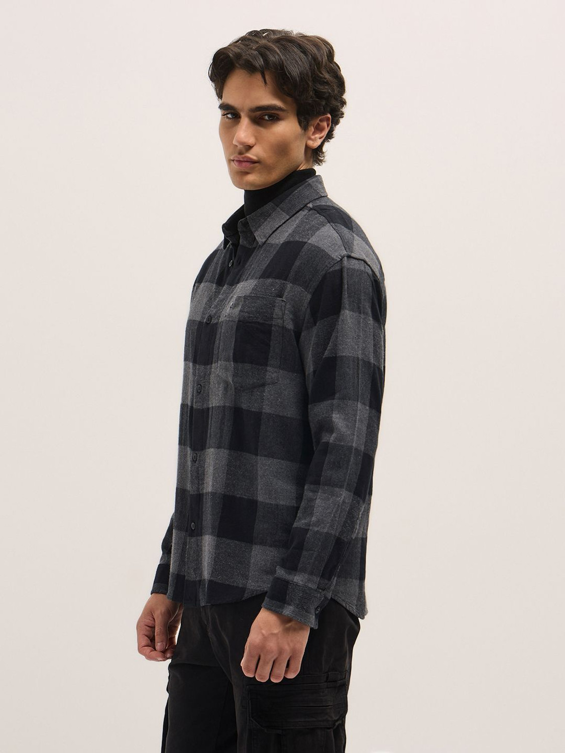 Image of THE BEAR HOUSE Men Checkered Casual Black Shirt